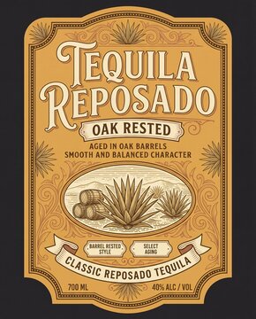 Tequila reposado label showing oak rested process and smooth characteristics