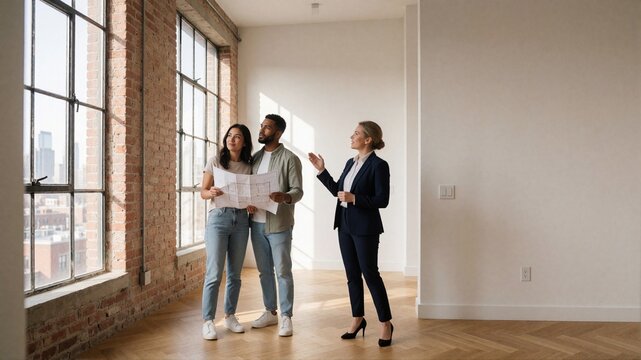 Real estate agent showing empty loft apartment to young couple