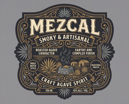 Creative cute print for mezcal bottle label showing traditional agave plant and distillation process with design elements