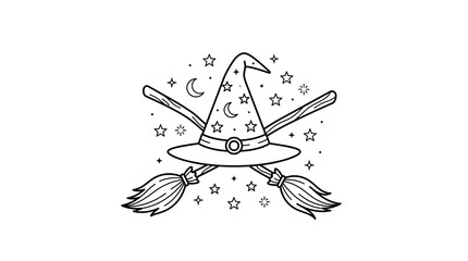 Fototapeta premium Mystical witch hat and crossed brooms line art, celestial wizard cap with stars and moons, magical halloween occult illustration