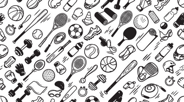 Hand drawn sports equipment pattern with various balls rackets and fitness gear in black and white
