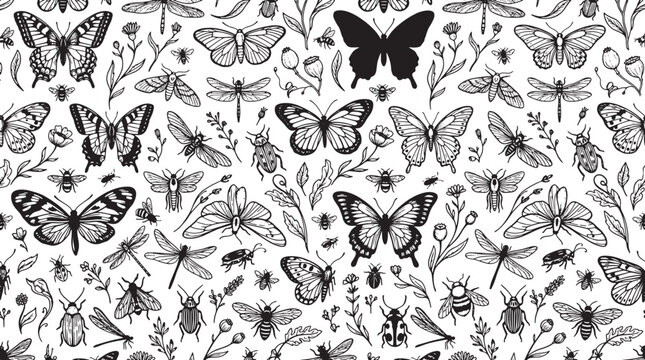 Black and white insect pattern with butterflies and dragonflies in a hand drawn sketch style