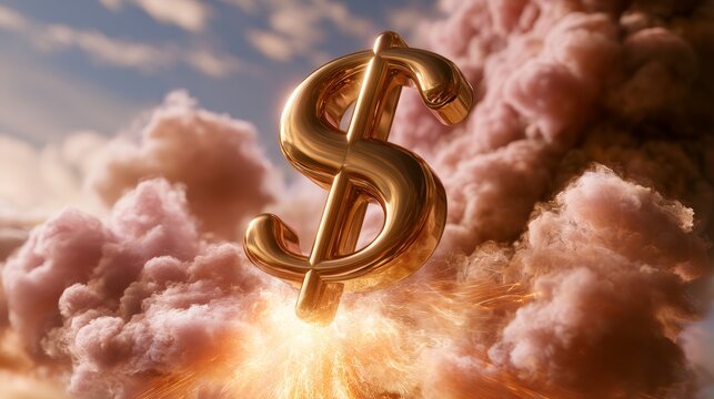 Golden dollar sign symbolizing wealth and prosperity, surrounded by explosive clouds and vibrant colors, creating a dynamic and eye-catching visual effect