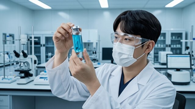 Medical - Asian male scientist holding blue liquid vial in laboratory