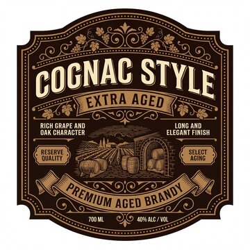 Creative cute print of a brand label featuring grape and oak details, with barrel imagery and a rustic design