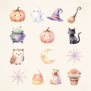 Cute Watercolor Halloween Icons Set with Pumpkin Ghost and Cat