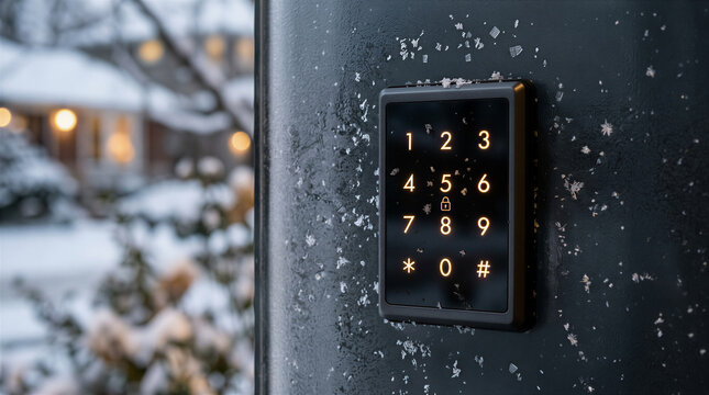 Digital keypad lock on snowy door in winter. Home security, smart home technology, residential access control.