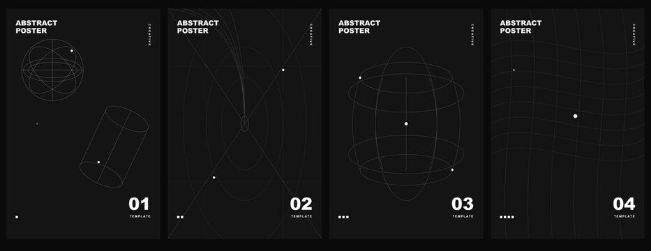 Set of four abstract minimal black posters with geometric line graphics on transparent background