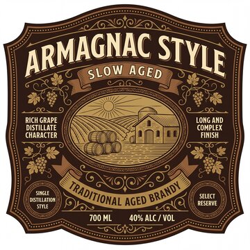 Creative print showing Armagnac style brandy label with detailed graphics and text