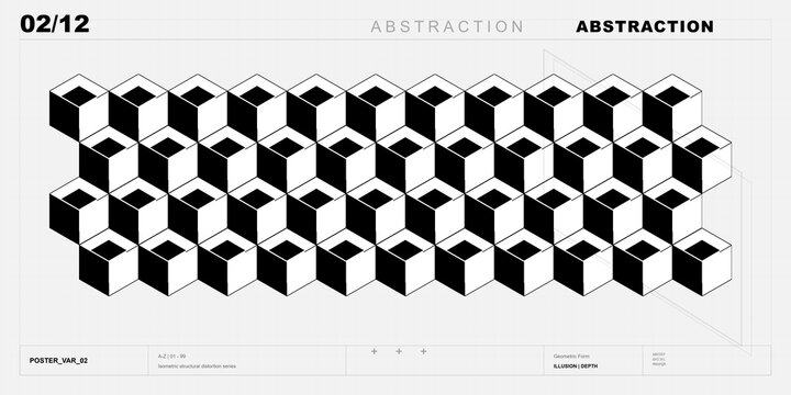 Isometric pattern of black and white cubes on grid background on transparent background