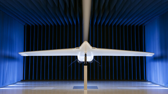 A sleek white autonomous aircraft drone model mounted on a pedestal inside a modern blue anechoic chamber for radar cross section tes