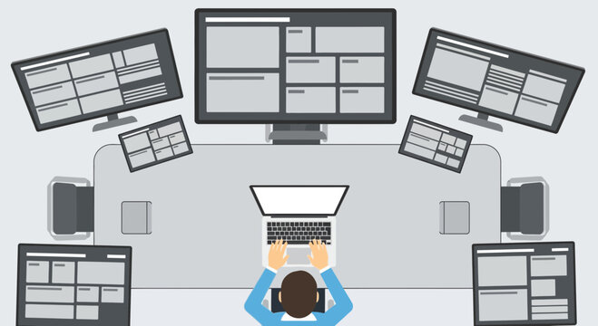 Multiple computer screens displaying web design layouts and user interface