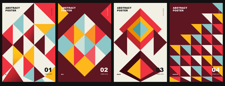 Set of four abstract geometric posters with colorful triangle patterns on transparent background