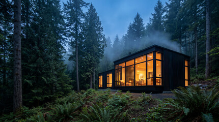 Naklejka premium Modern cabin glowing warmly in misty forest at dusk. Architecture, nature retreat, luxury vacation, cozy interior.