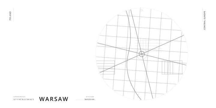 Abstract circular geographic line map of warsaw on transparent background