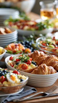 Festive Easter buffet spread for breakfast or brunch arranged on a bright table Easter buffet holiday brunch breakfast spread festive table hospitality catering food
