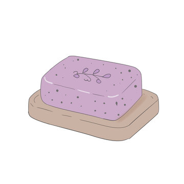 Natural handmade soap bar illustration on wooden soap dish with leaf engraving