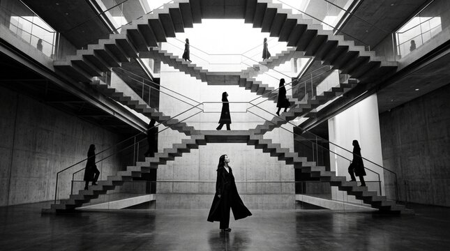 Illusionary Staircase with Figures, Surreal Architecture, Black and White