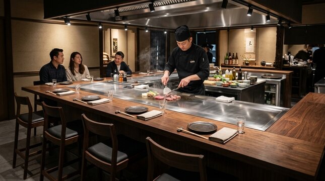 Japanese Chef Cooking Teppanyaki for Diners at Restaurant Counter