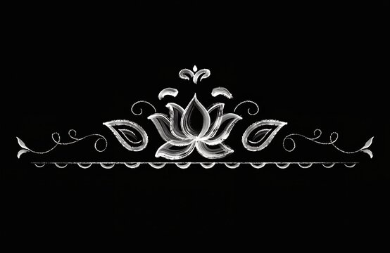Elegant ornamental alpona lotus artwork featuring symmetrical white floral petals with curved vines and scalloped motifs on black background highlighting decorative cultural design appeal generated ai