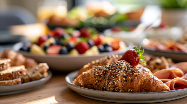 Continental breakfast buffet with croissants fresh fruit yogurt and cold cuts arranged on a bright table continental breakfast buffet spread croissants fresh fruit yogurt