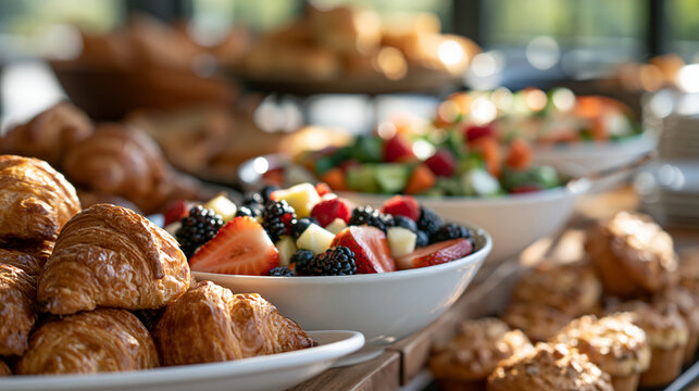 Beautiful brunch buffet spread at a bright event featuring croissants fresh fruit crudite and muffins brunch buffet croissants fresh fruit crudite muffins event catering