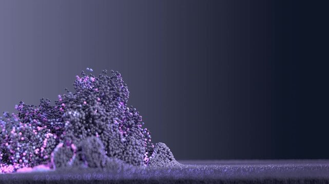 Dense fields of violet particles rise into irregular sculptural shapes as pink and blue accents flow through the granular surface in a macro 3D animation.
