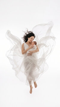 Mother in flowing white dress holding newborn baby floating in air like an angel