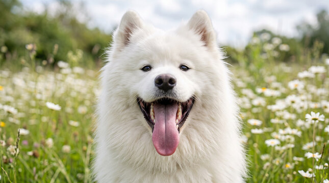 Happy white Samoyed dog with big smile and tongue out in daisy flower meadow