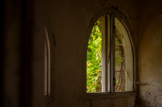 Abandoned overgrown mansion with spiral staircase, old car and ruined interior