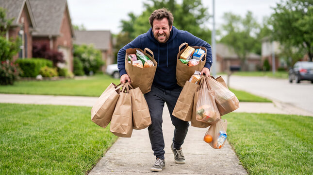 Struggling man carrying too many grocery bags with funny strained face on sidewalk