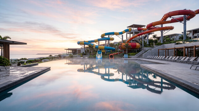 Luxury water park with colorful slides and infinity pool at sunset overlooking the ocean