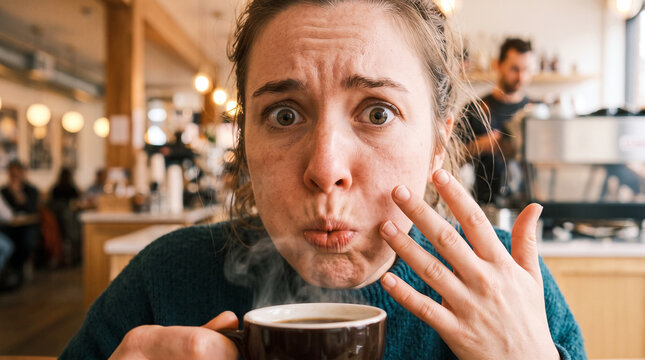 Funny woman making surprised puffed cheek face while holding hot coffee cup in cafe