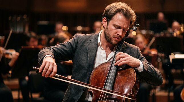 Male cellist performing with orchestra in formal concert hall setting