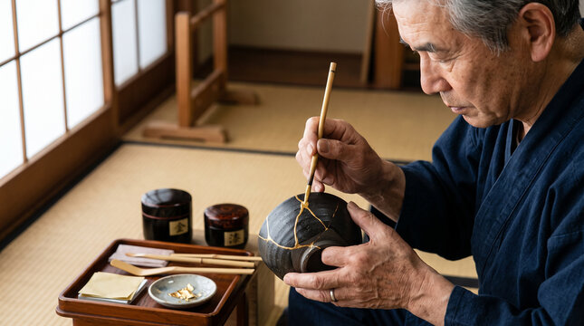 Japanese craftsman practicing traditional kintsugi golden repair art in tatami room