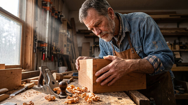 Male carpenter inspecting handmade wooden box with dovetail joint in rustic workshop