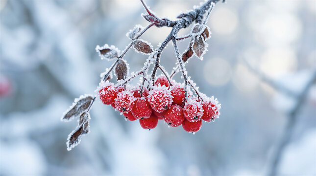 Frost-covered red berries on branch in winter forest. Nature, seasonal, holiday, decoration, advertising.