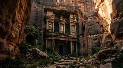 Fototapeta premium Ancient rock-cut temple facade in shadowed canyon.