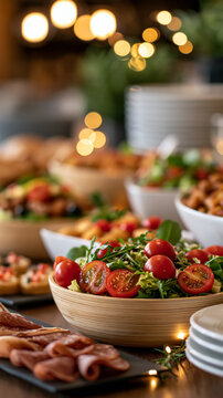 Fresh buffet table with salads cold cuts and appetizers ready for guests at a bright restaurant catering setup buffet table salads cold cuts appetizers hospitality brunch