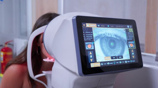 Female Optometrist Performing Vision Test on Young Woman Using Specialized Eye Care Equipment