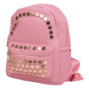 Pink leather womens backpack with gold rivets isolated on white background. Small casual rucksack side view