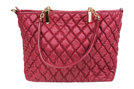 Burgundy red quilted leather womens tote bag isolated on white background. Elegant shoulder purse front view
