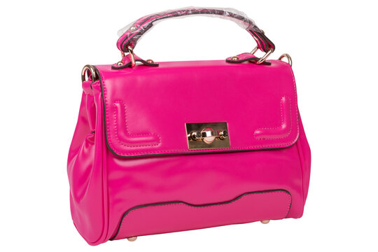Vibrant magenta pink leather womens handbag with gold clasp isolated on white background. Elegant purse side view