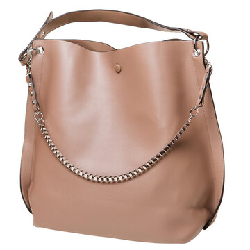 Beige leather womens hobo bag with silver chain strap isolated on white background. Casual shoulder tote purse side view