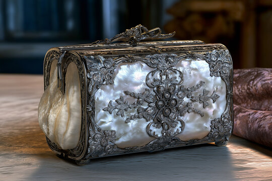 Luxurious Victorian evening clutch with mother-of-pearl panels and silver floral filigree, vintage elegance close-up