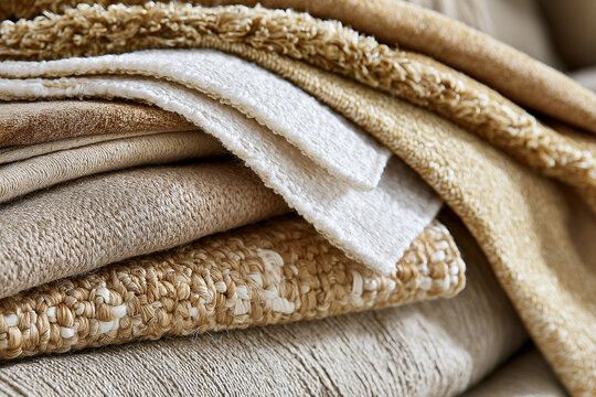 Stack of folded textured towels and throws in beige, white and tan tones, cozy home textile close-up