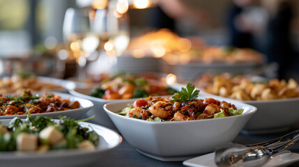 Obraz premium Gourmet buffet spread arranged at a bright elegant event catering and hospitality gourmet buffet elegant event food display presentation variety of food fine dining table