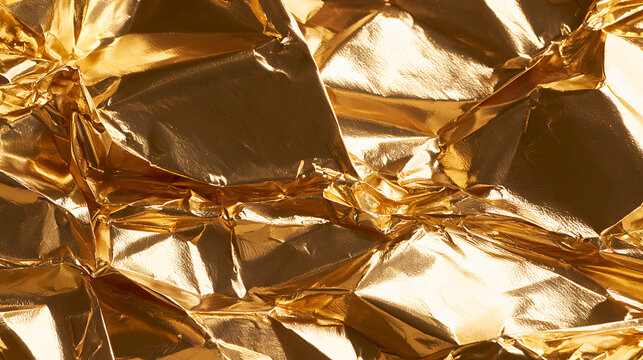 Abstract background of shiny crumpled gold foil texture with bright reflections and creases creating a luxurious and elegant metallic surface