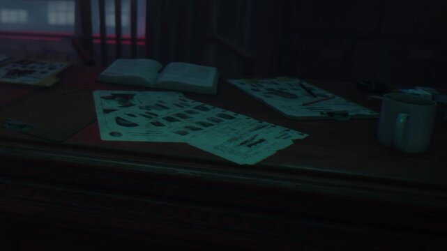 A desk is shown with scattered papers and an open book. A telephone sits nearby. The room is dimly lit, adding to the nighttime atmosphere.