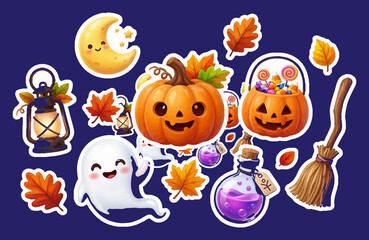 Fototapeta premium Cute Halloween Sticker Set Illustration Featuring Smiling Ghost Pumpkin Lantern Potion Bottle and Colorful Autumn Leaves